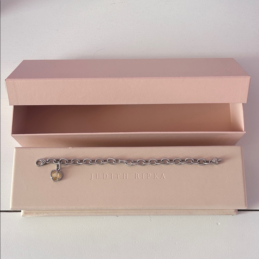Judith Ripka Silver Bracelet with Citrine Yellow Heart Charm Includes Box